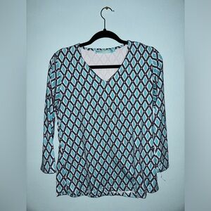 Anthony’s Women’s Aqua and Black Diamond V-Neck Nylon/Spandex Shirt Size Small